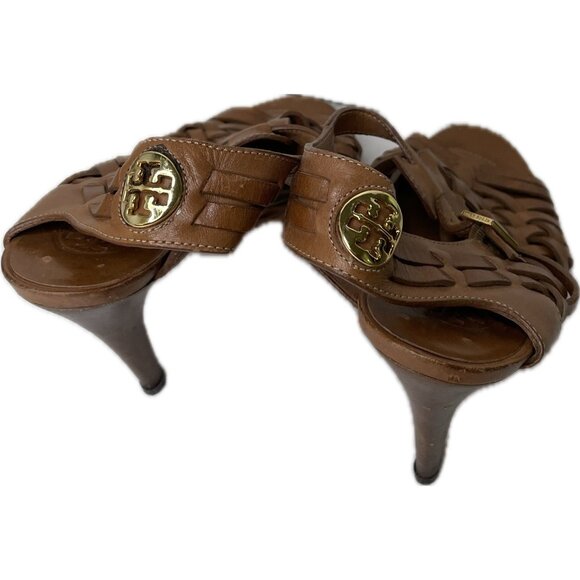 Tory Burch Nadia Brown Woven Leather Huarache Sandals Heels Size 9M Logo - Picture 3 of 10